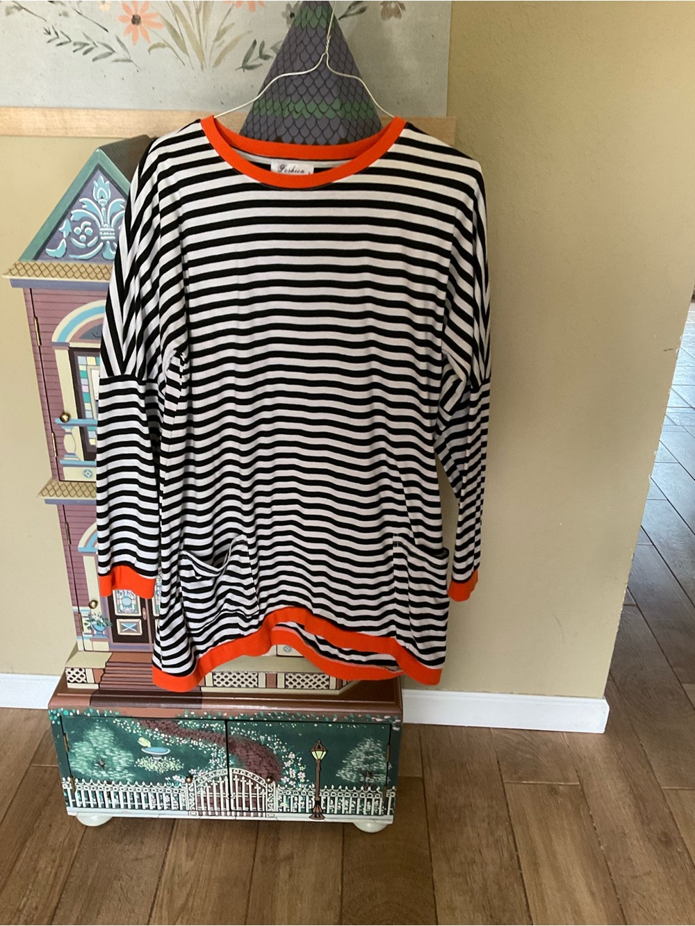 Striped Long Sleeve Tee with Orange Trim
